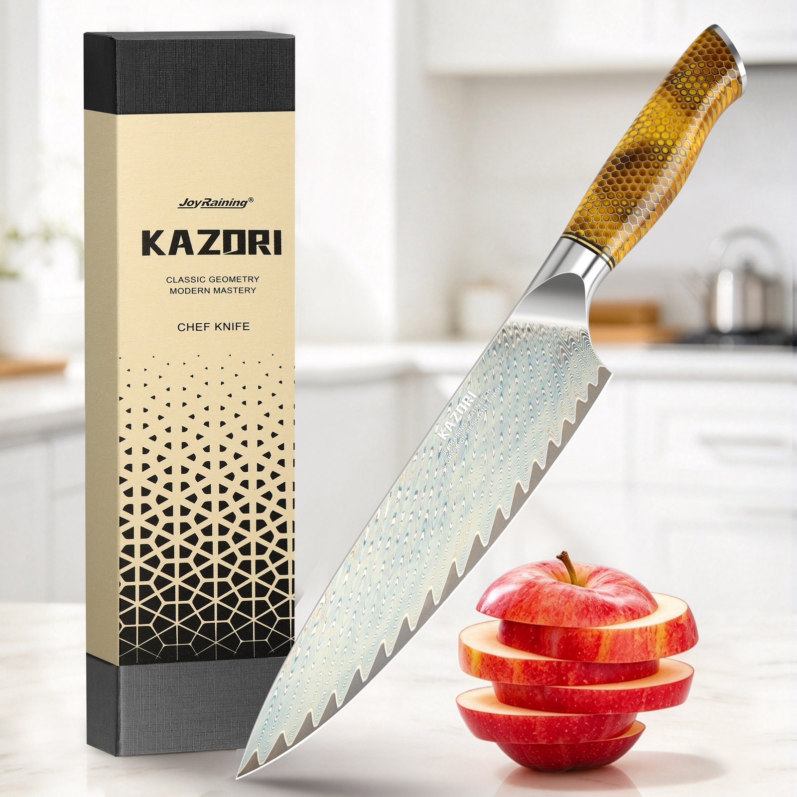 主图1 JoyRaining 8-Inch Chef Knife, 67-Layer Iridescent Damascus with Japanese VG10 Core, Honeycomb-Inspired Contoured Handle - Image 1